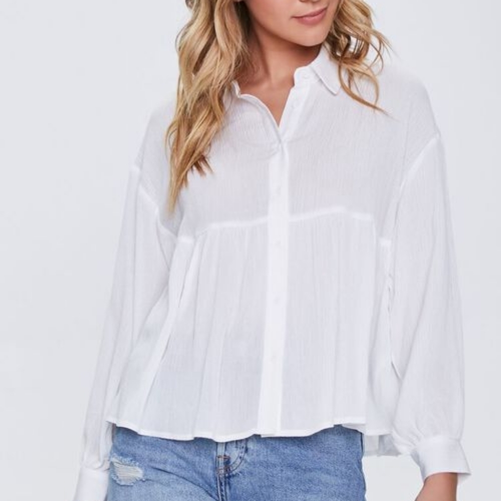 Forever 21 Off-White Flounce Gauze Crinkle Tier Shirt | Size S